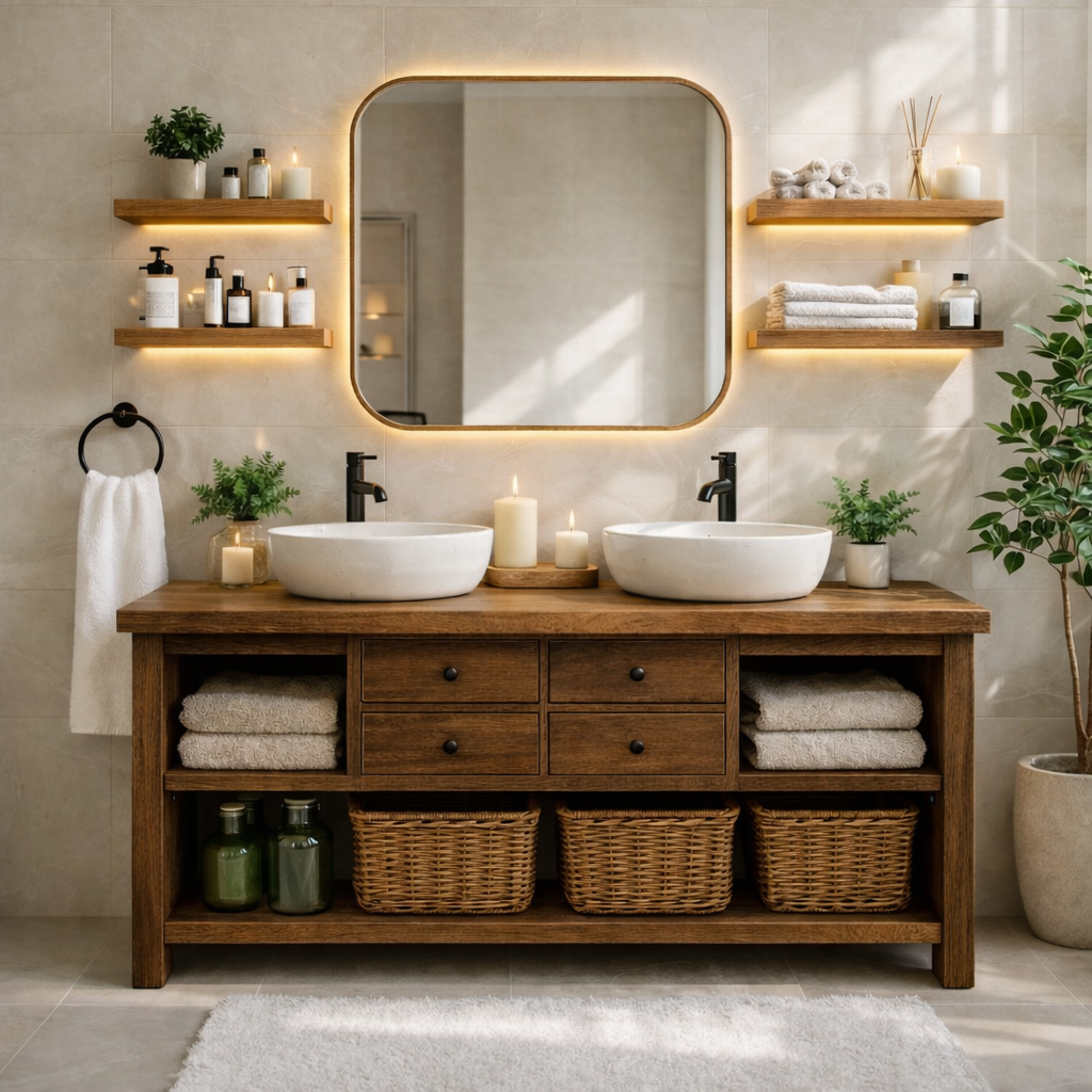 Modern Farmhouse Double Bathroom Vanity Cabinet With Drawers Open Shelf Storage
