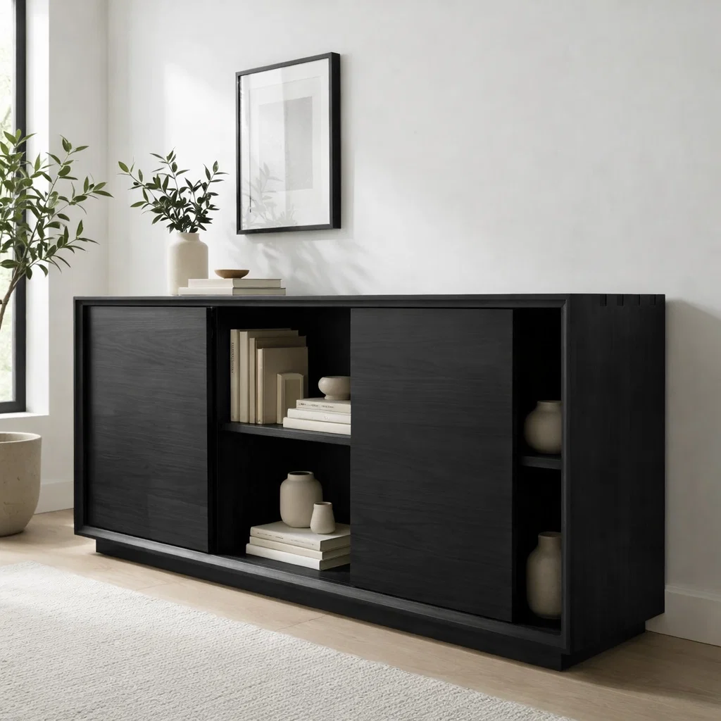 Walnut Console Cabinet with Sliding Doors – Modern Wood Storage Sideboard