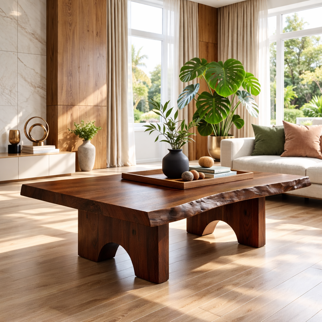 Unique Solid Wood Coffee Table with Artistic Design and Natural Finish
