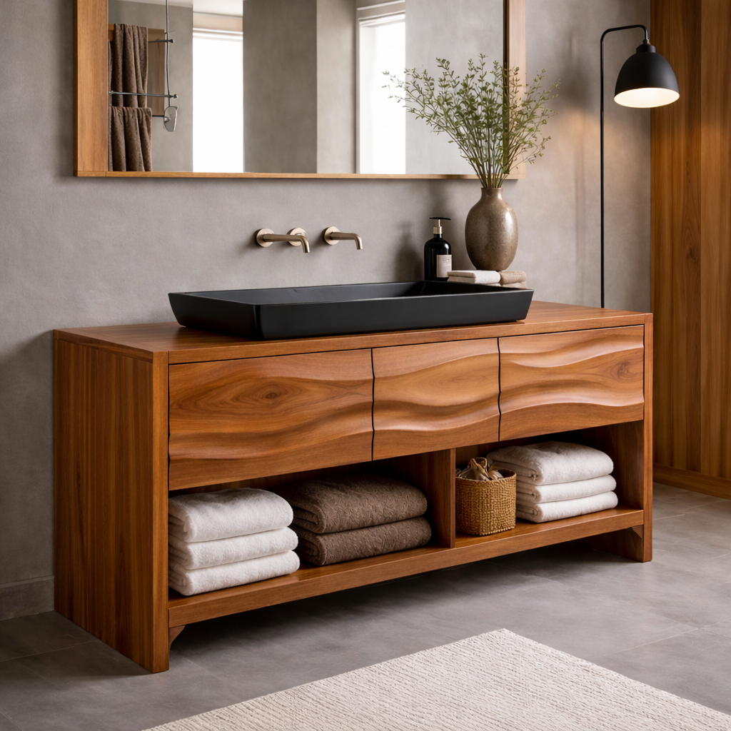 Solid Walnut Wood Bathroom Vanity Cabinet with Drawers & Open Shelf – Modern Vanity Base