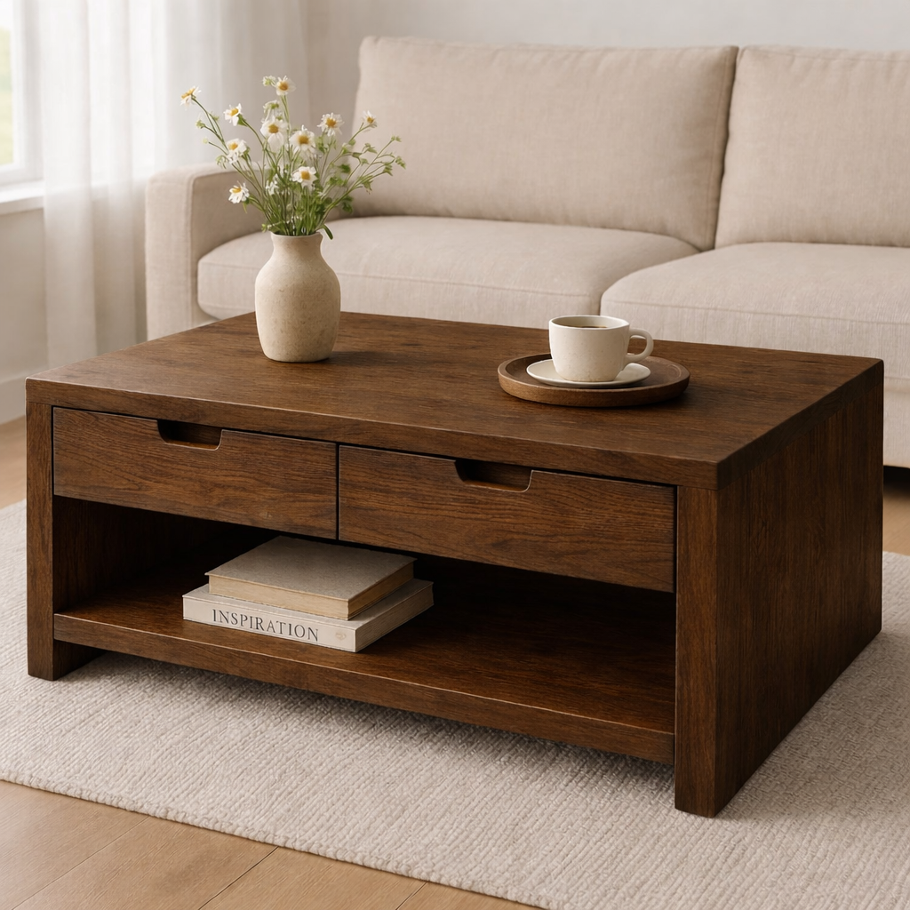 Solid Wood Coffee Table with Drawers and Open Shelf Rustic Living Room Table