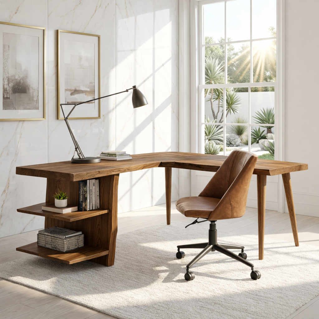 Modern L Shaped Writing Desk with Shelf Home Office Corner Workstation Table
