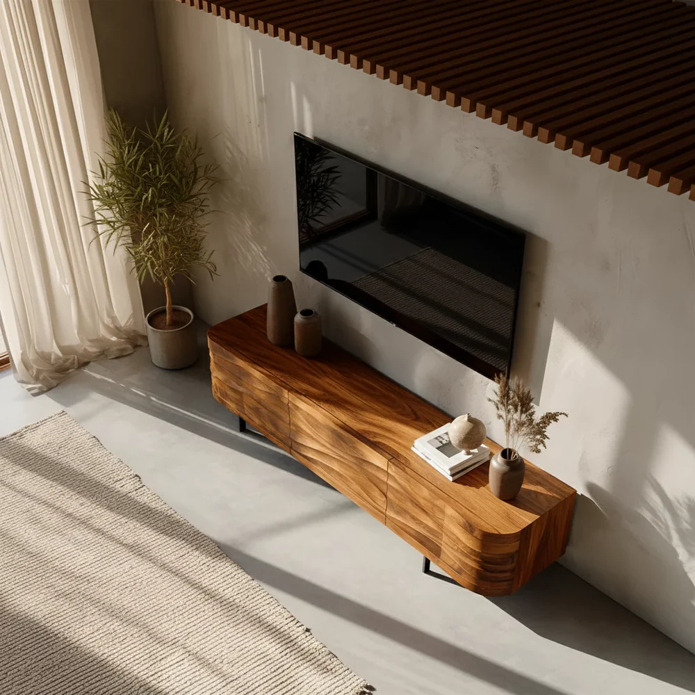 Solid Wood TV Stand Modern Walnut Media Console with Wave Front Design