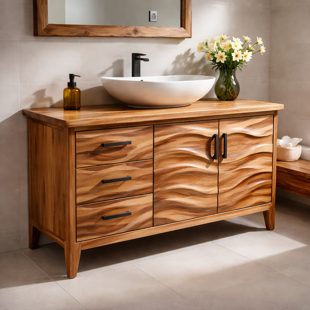Solid Wood Bathroom Vanity with Wave Design & Drawers – Modern Rustic Base