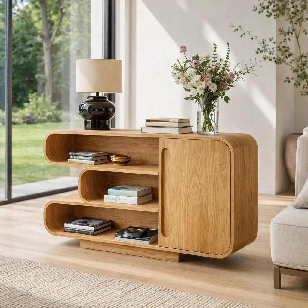 Curved Solid Wood Console Sideboard – Modern Walnut Storage Cabinet with Shelves