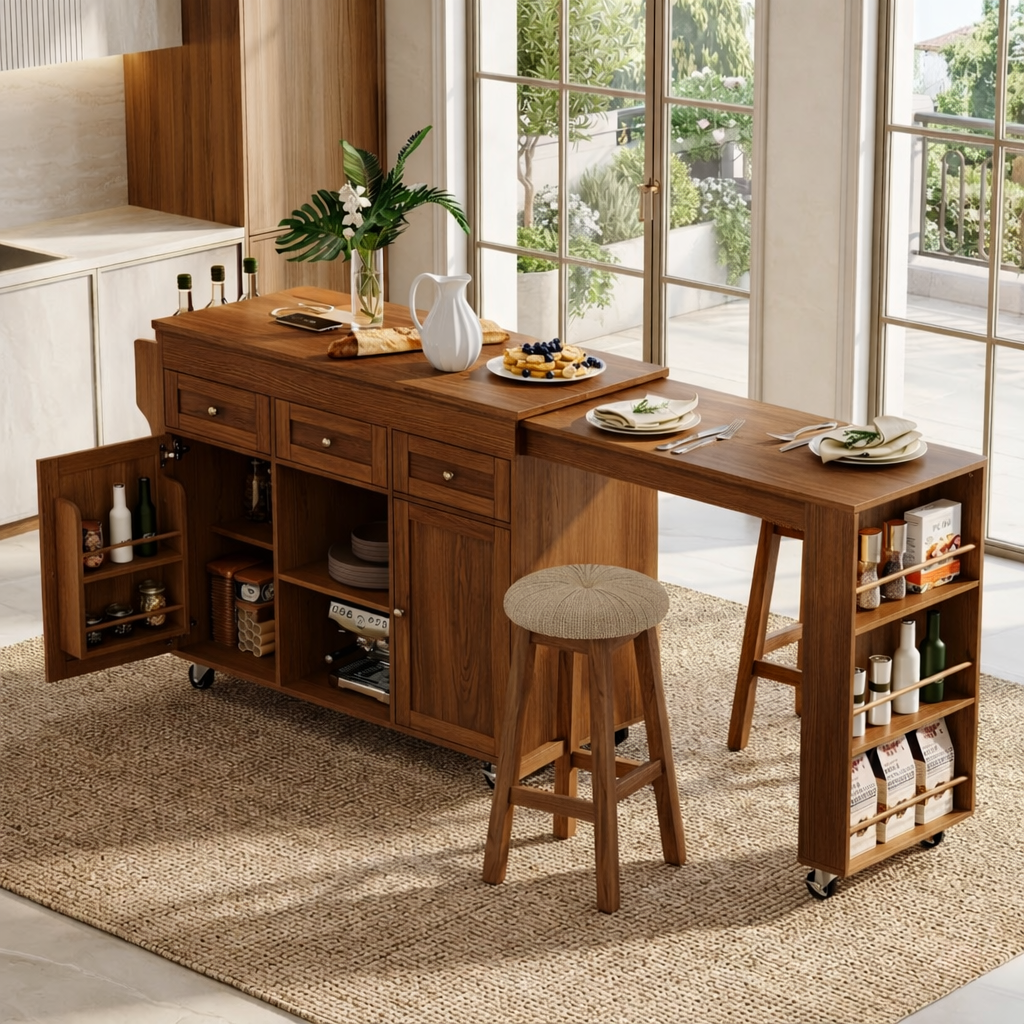 Rolling Kitchen Island with Extendable Dining Table, Storage Cabinet, Modern Prep Cart for Home
