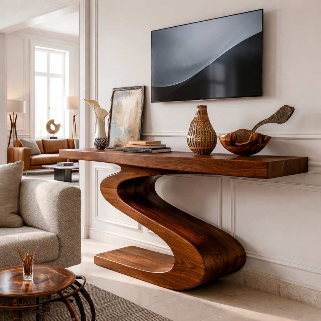Solid Wood Console Table with Sculpted Curved Base, Modern Artistic Design