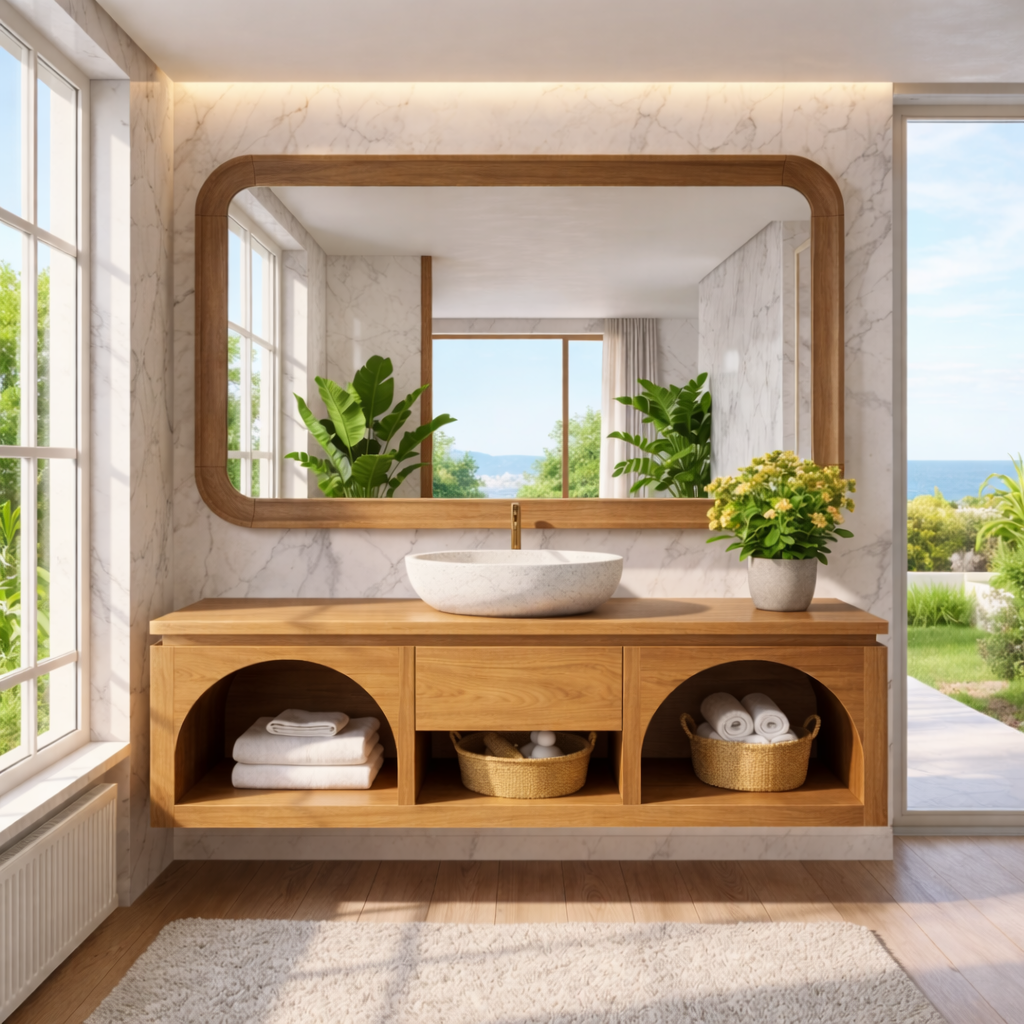Modern Solid Wood Floating Vanity with Arched Shelves and Natural Finish