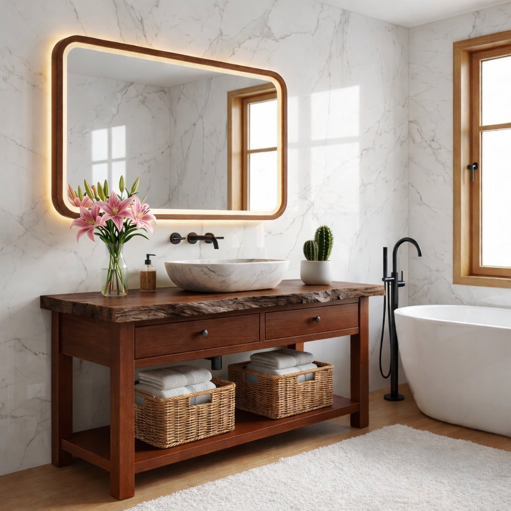 Modern Wooden Bathroom Vanity with Marble Sink and LED Mirror