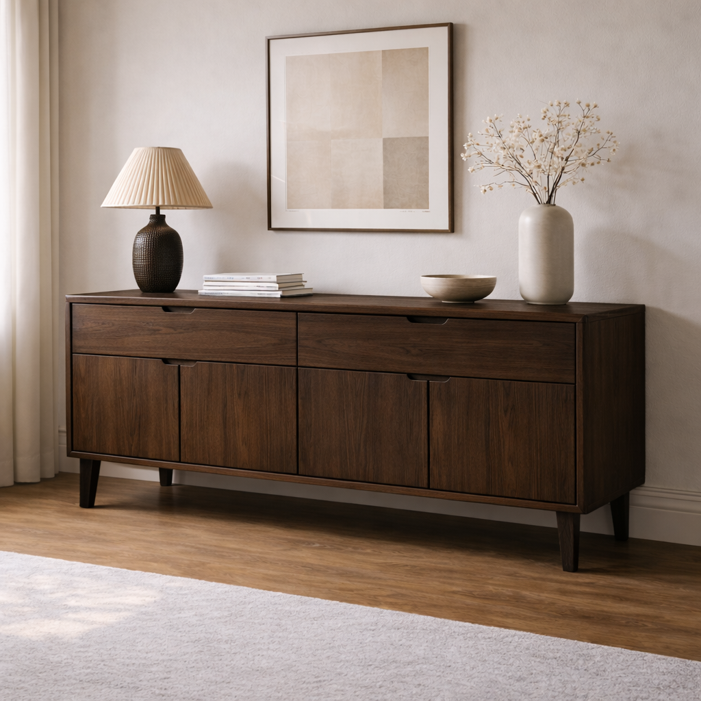 Mid Century Solid Wood Console Cabinet with Drawers and Door Storage