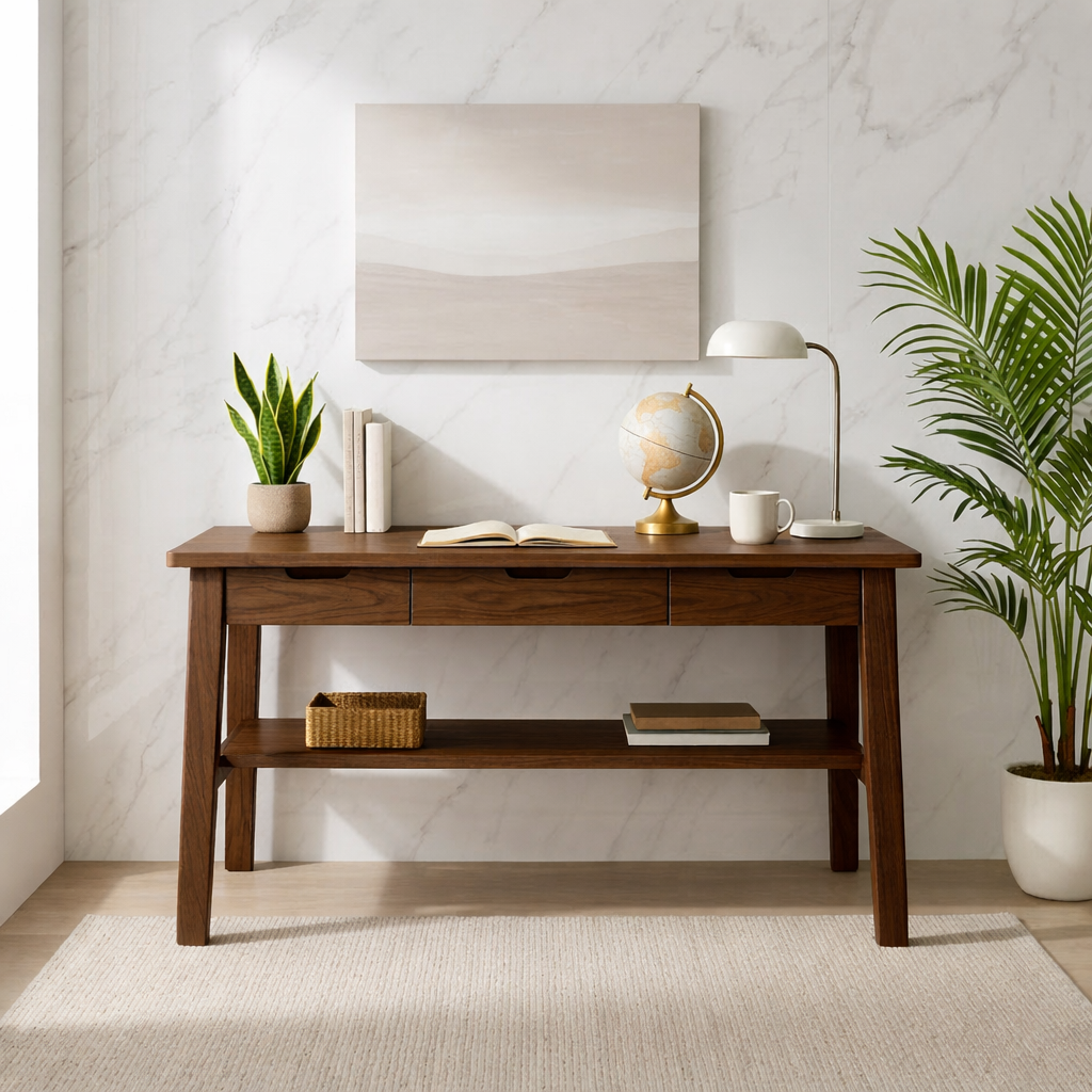 Mid-Century Modern Wood Desk with Drawers Storage Writing Desk Minimalist Home Office Table