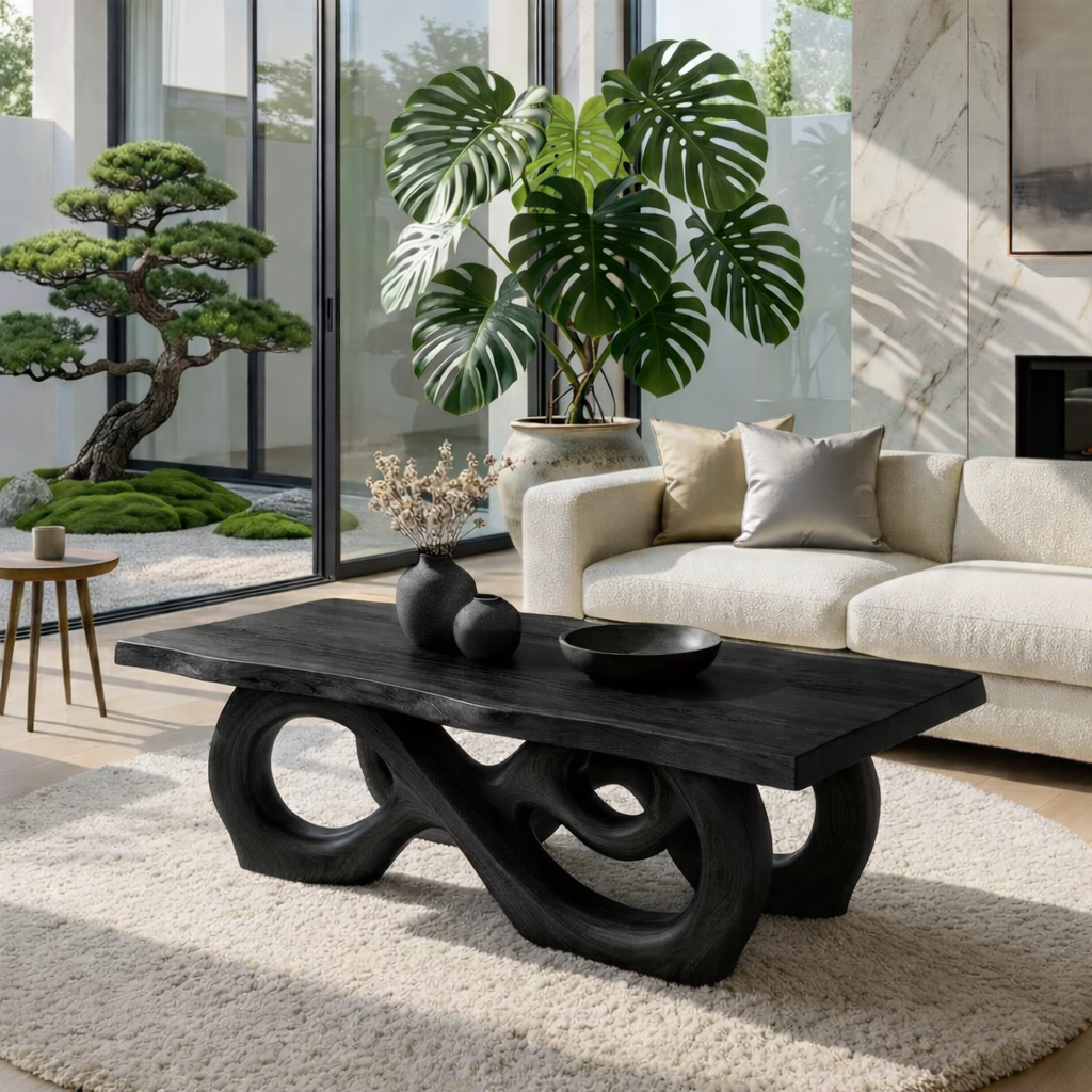 Sculptural Solid Wood Coffee Table with Artistic Carved Base, Modern Living Room Table