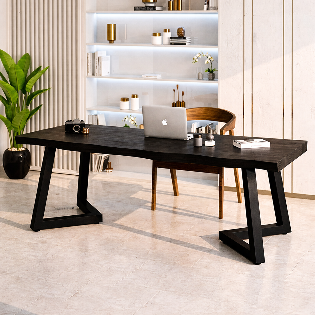 Modern Work Desk with Stylish Black and Wood Frame, Spacious Workspace