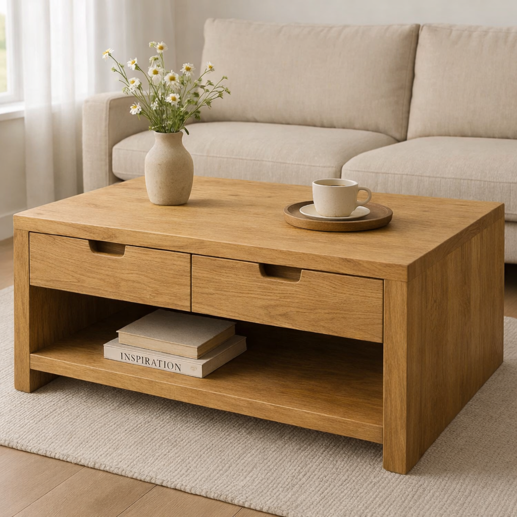 Solid Wood Coffee Table with Drawers and Open Shelf Rustic Living Room Table