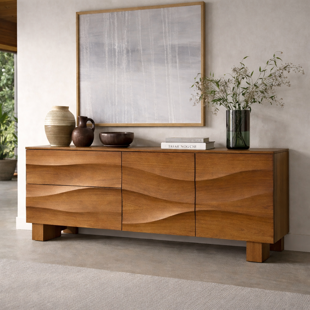 Solid Wood Wave Front Console Cabinet – Modern Sculpted Storage Sideboard