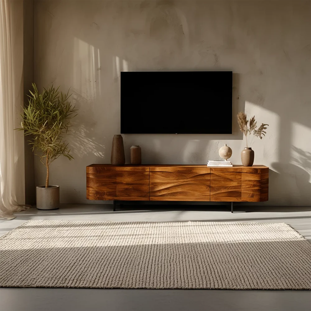 Solid Wood TV Stand Modern Walnut Media Console with Wave Front Design