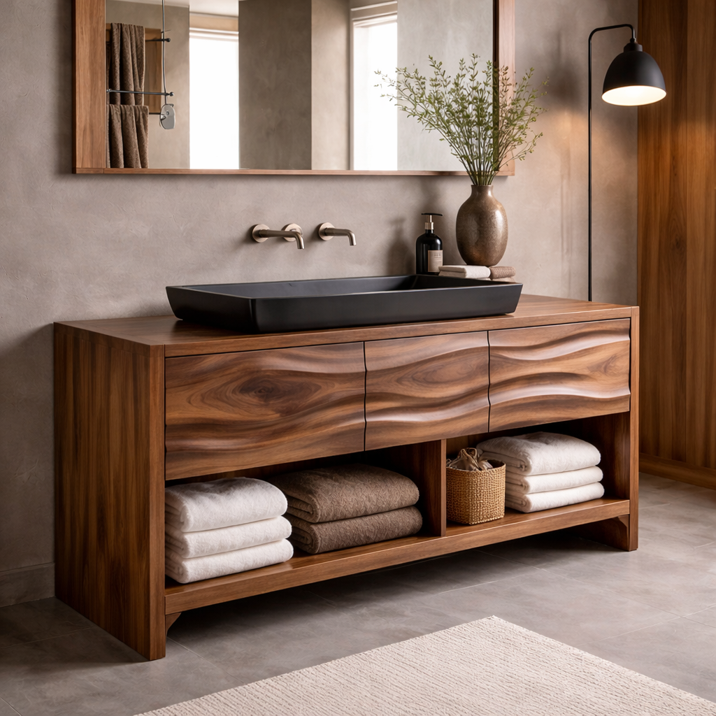 Solid Walnut Wood Bathroom Vanity Cabinet with Drawers & Open Shelf – Modern Vanity Base