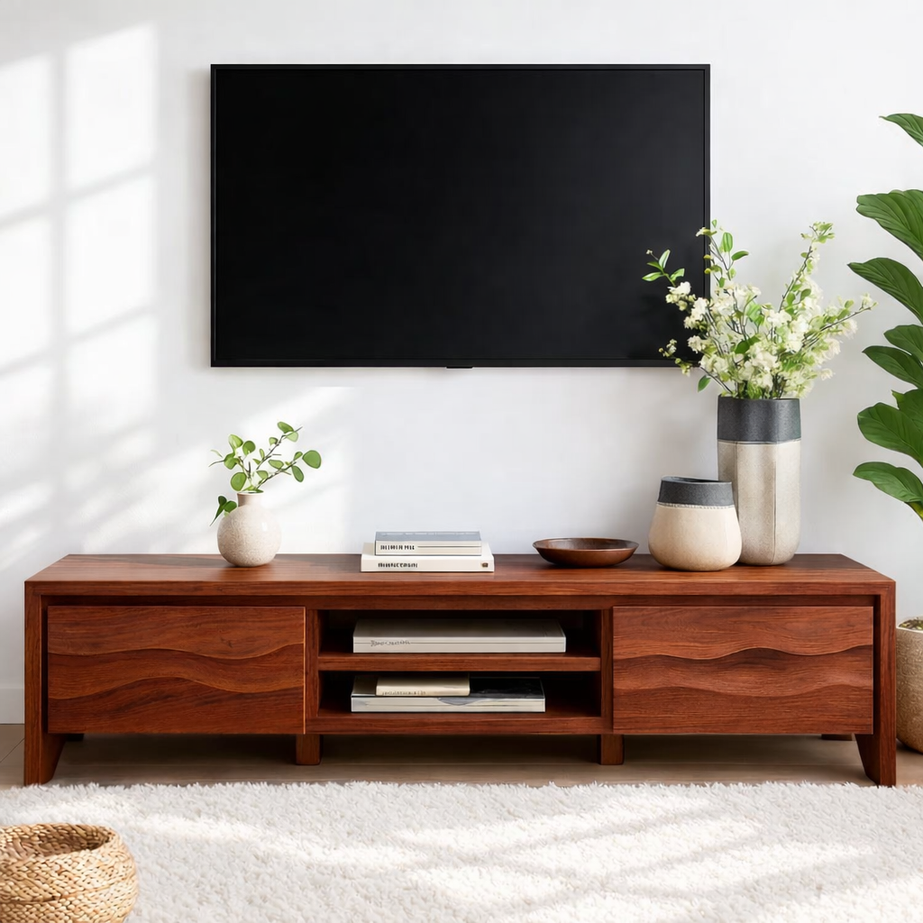 Modern Wave Front Wood TV Stand Long Media Console With Storage and Open Shelf