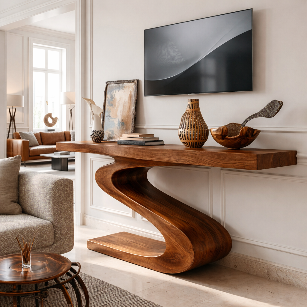 Solid Wood Console Table with Sculpted Curved Base, Modern Artistic Design