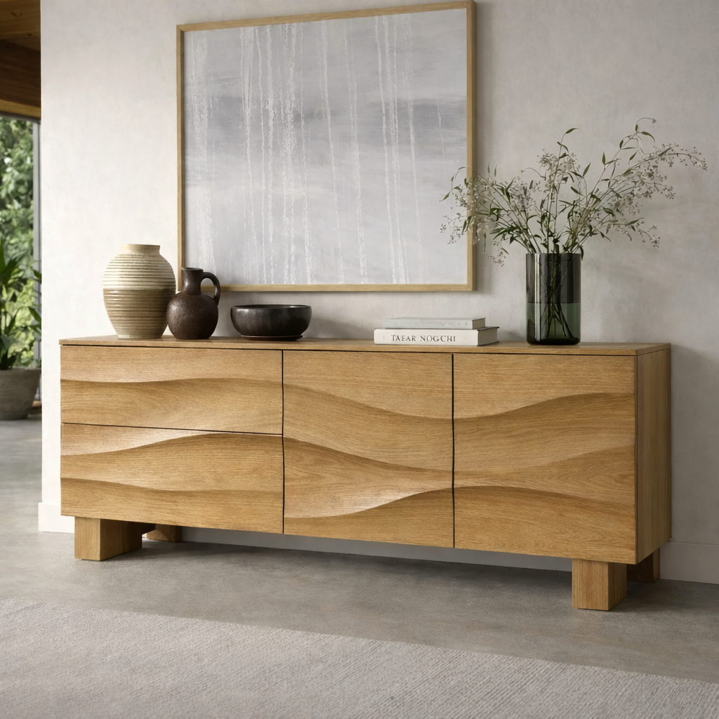 Solid Wood Wave Front Console Cabinet – Modern Sculpted Storage Sideboard