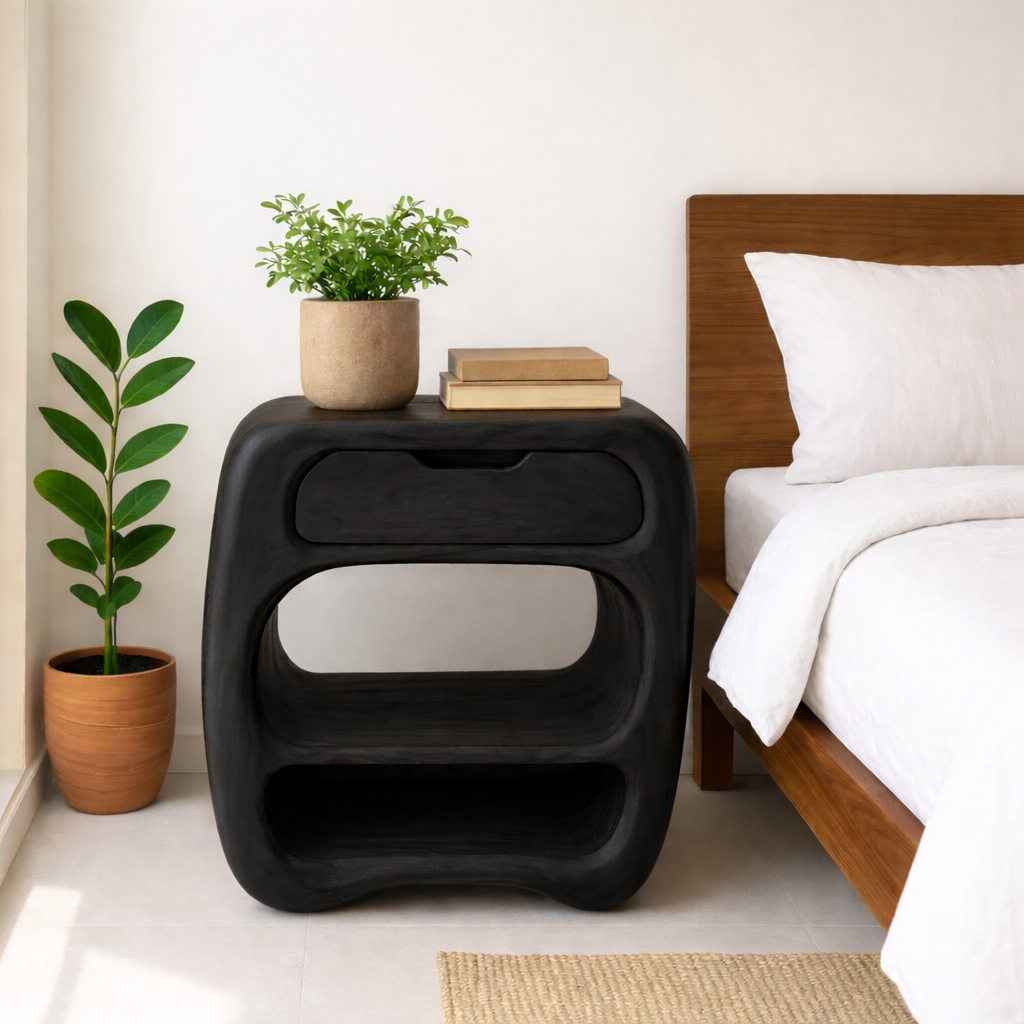 Curved Solid Wood Nightstand with Drawer and Open Shelves - Natural Finish