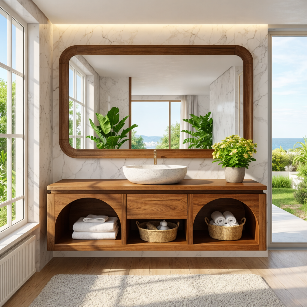 Modern Solid Wood Floating Vanity with Arched Shelves and Natural Finish