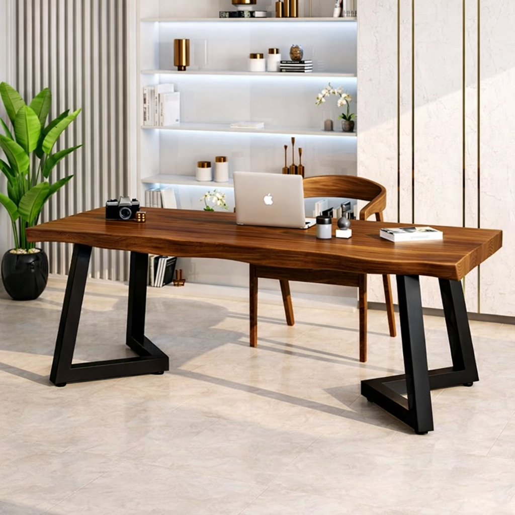 Modern Work Desk with Stylish Black and Wood Frame, Spacious Workspace