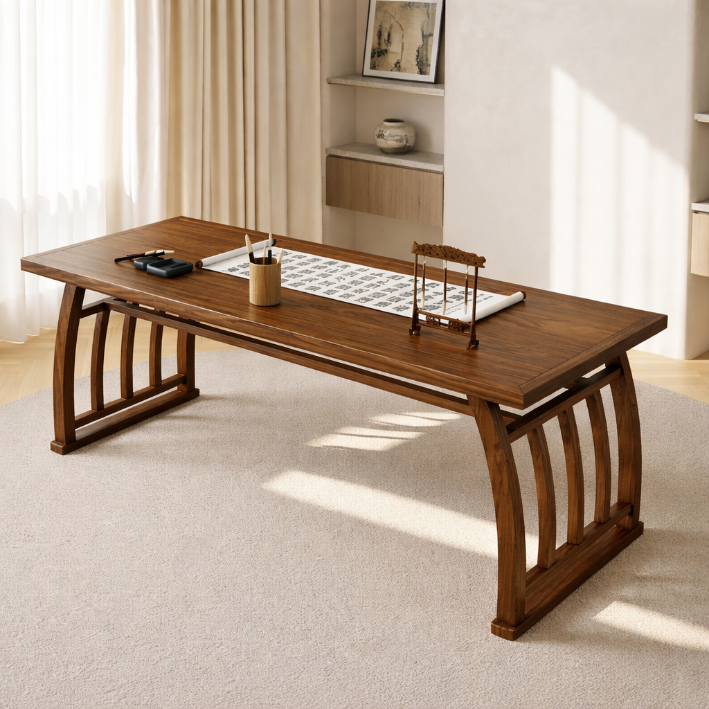 Minimalist Writing Desk, Curved Frame Contemporary Japanese Long Home Office Workspace Table