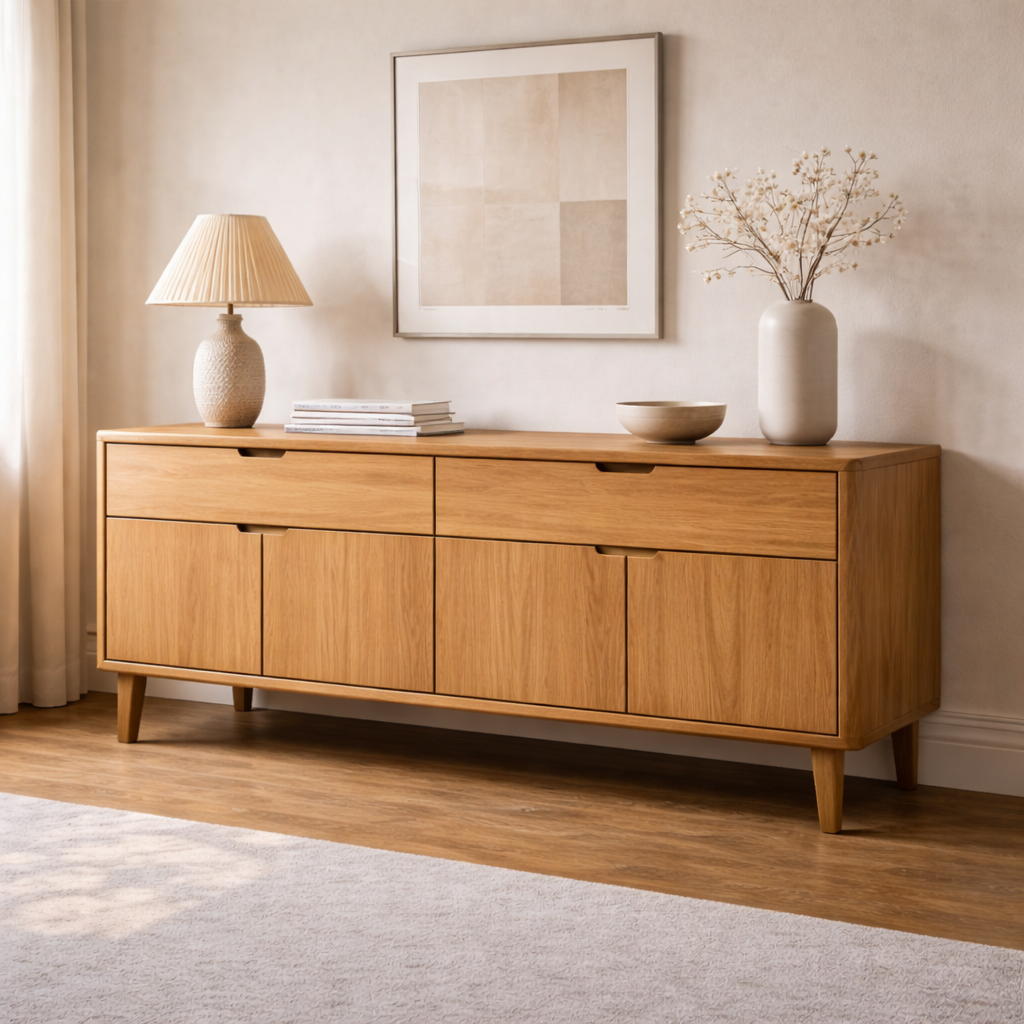 Mid Century Solid Wood Console Cabinet with Drawers and Door Storage