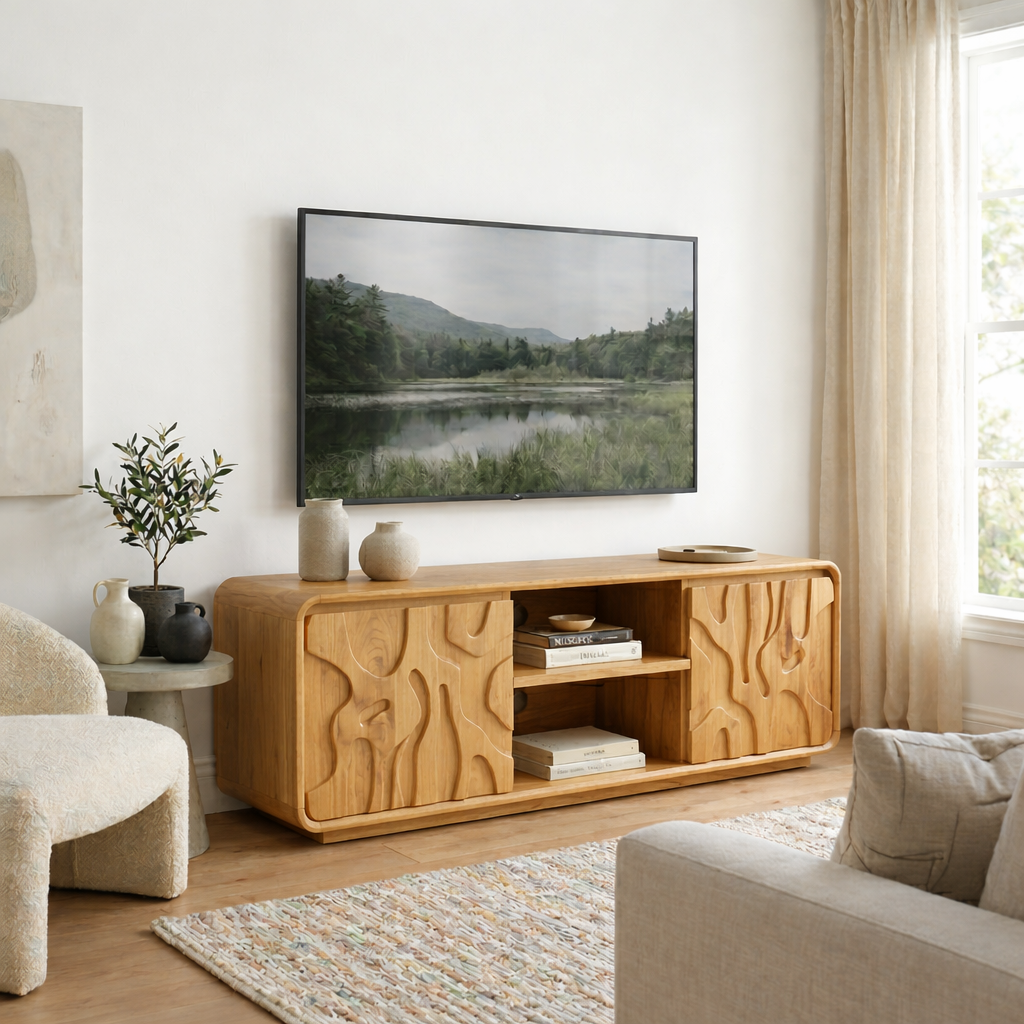 Solid Wood Media Console with Carved Doors, Modern TV Stand with Open Storage