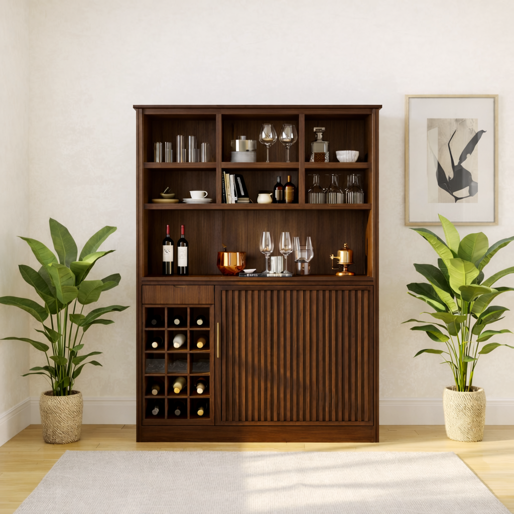 Modern Wine Cabinet with Bottle Rack, Display Shelves and Sliding Door Storage