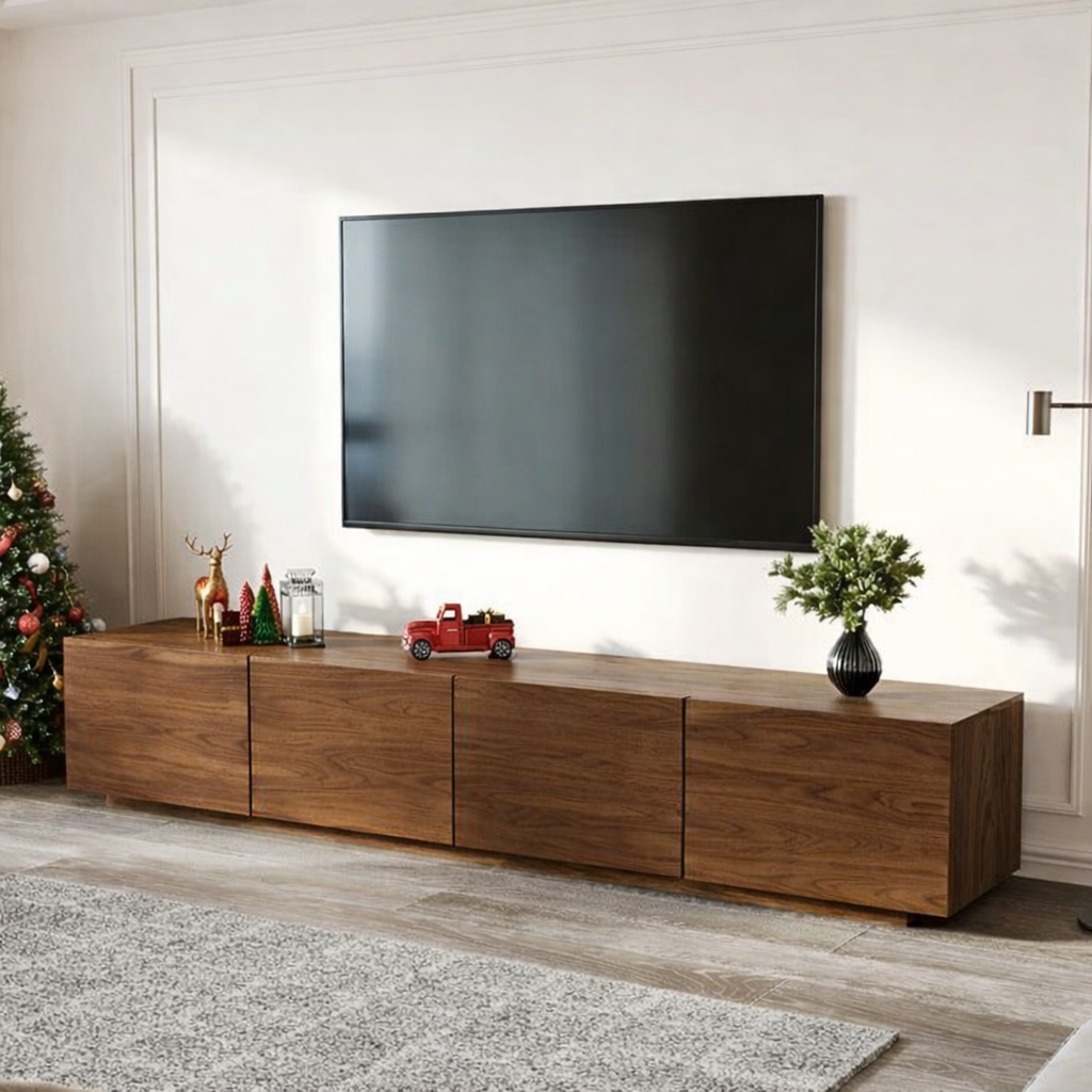 Modern Solid Wood TV Stand Long Low Profile Media Console Minimal Storage Cabinet