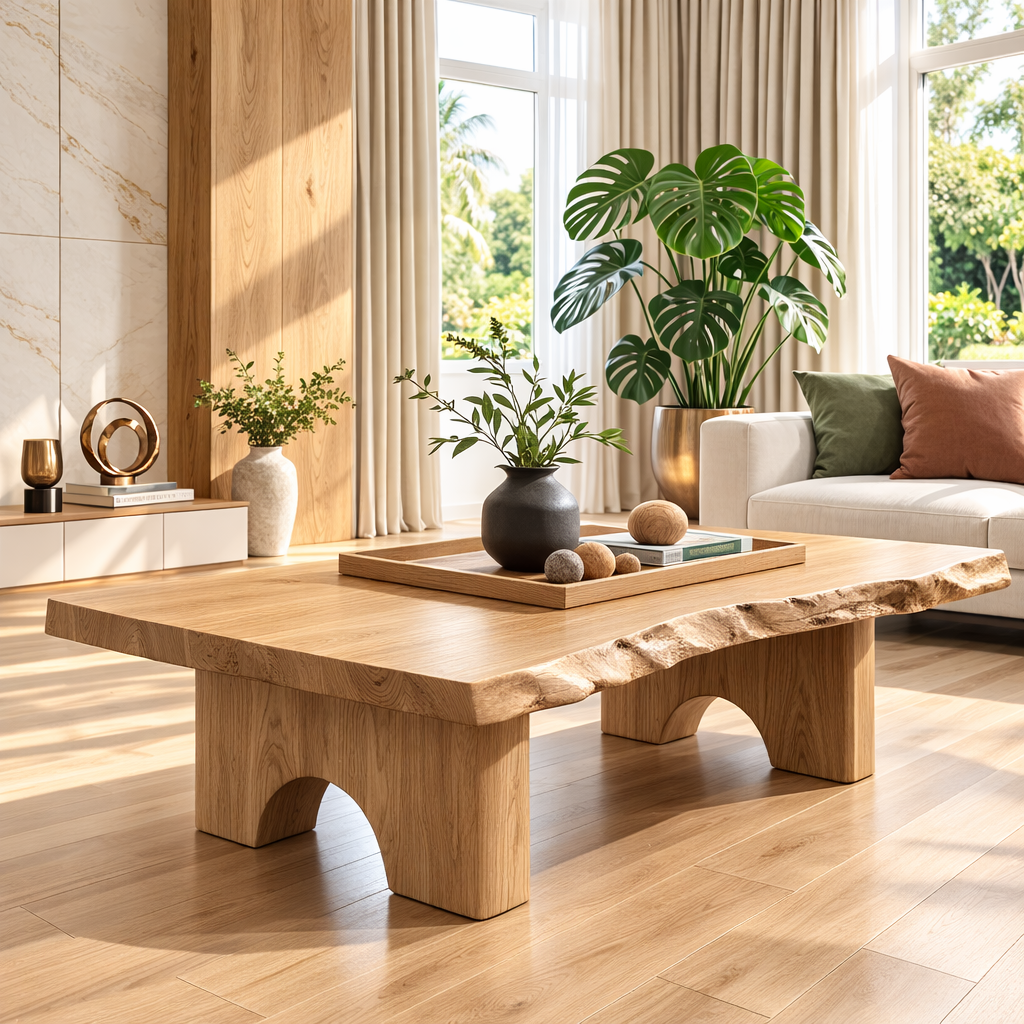 Unique Solid Wood Coffee Table with Artistic Design and Natural Finish