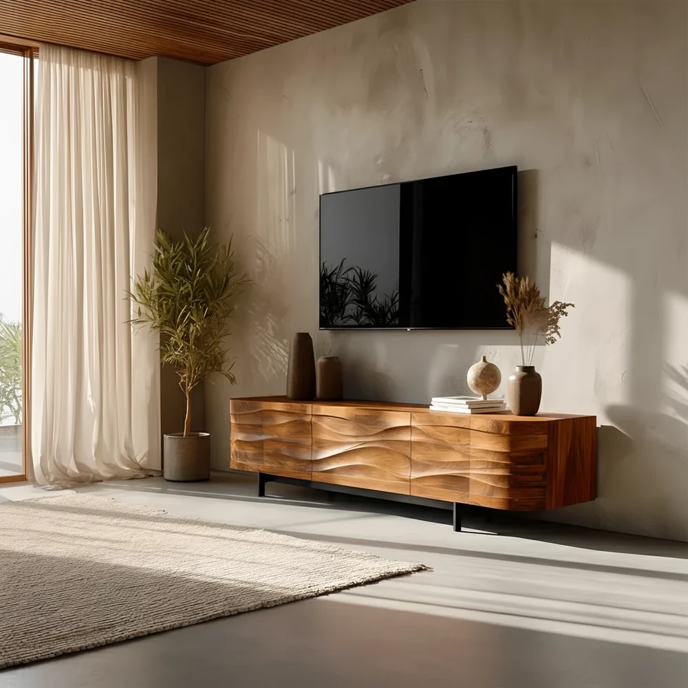Solid Wood TV Stand Modern Walnut Media Console with Wave Front Design