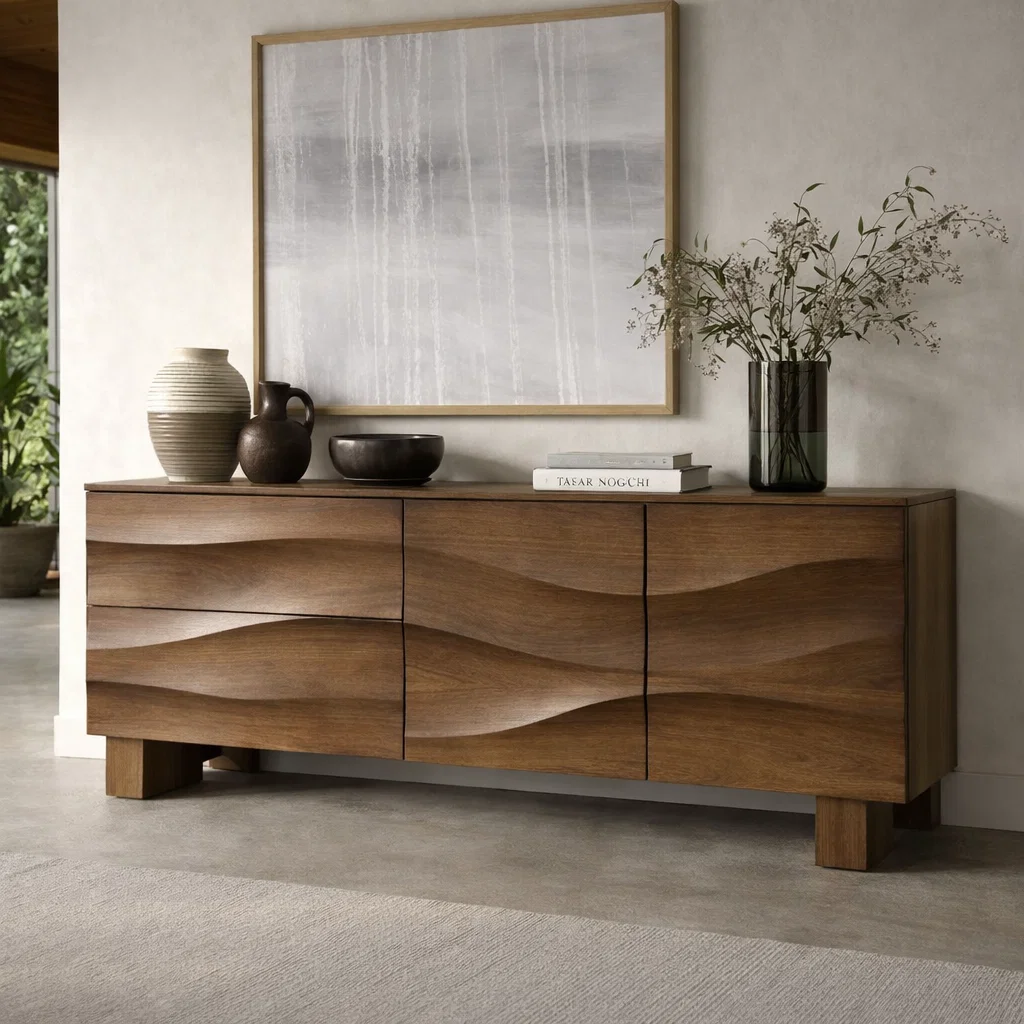 Solid Wood Wave Front Console Cabinet – Modern Sculpted Storage Sideboard