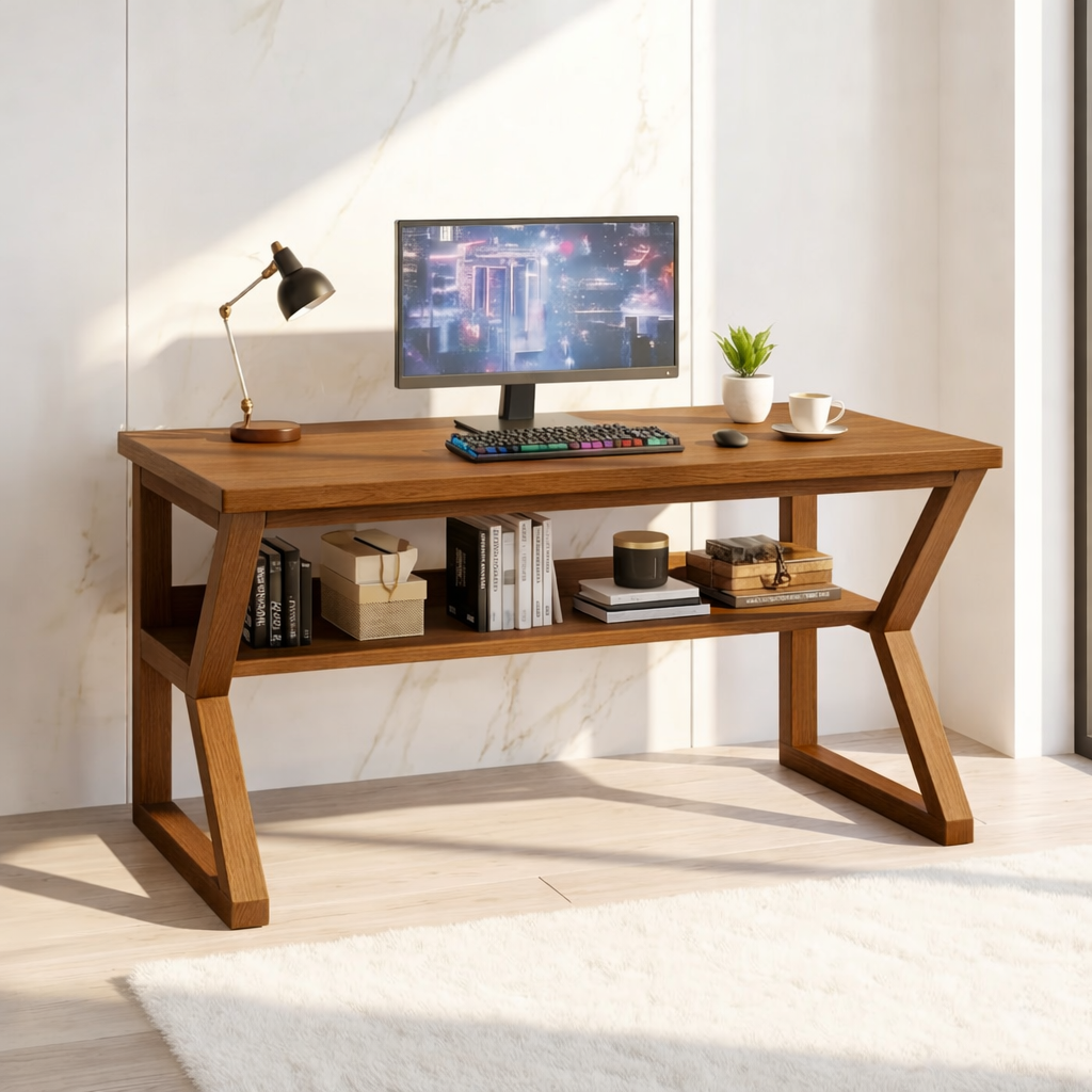 Modern Long Work Desk with Open Shelf Home Office Computer Desk Minimal Design Table