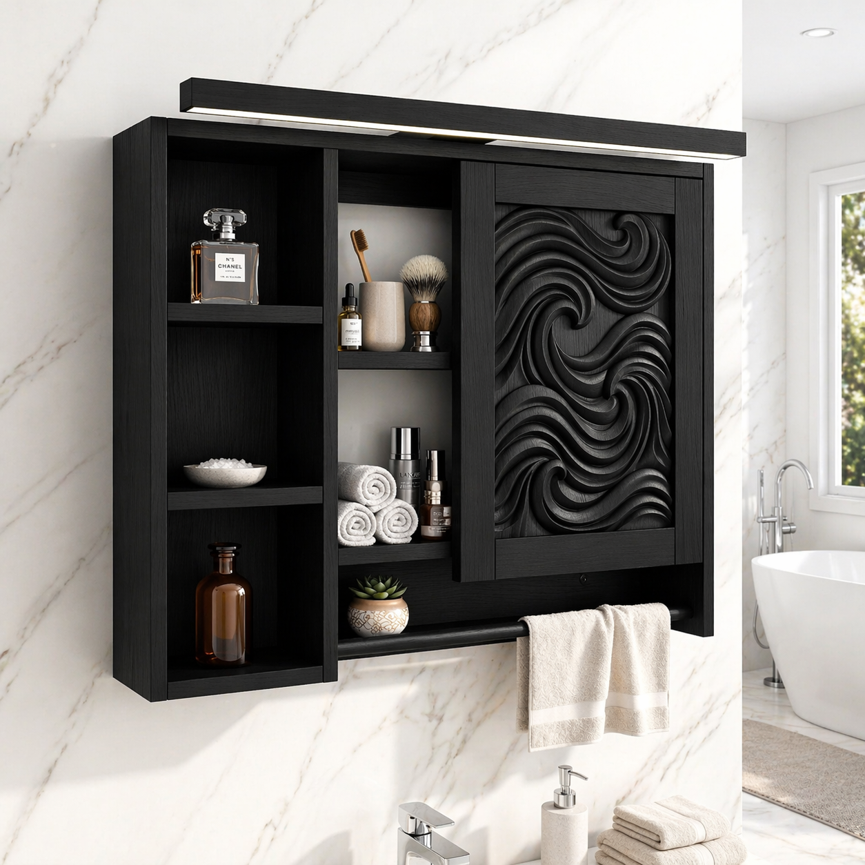 Modern Floating Bathroom Cabinet, Carved Wall-Mounted Vanity Storage Organizer Shelf