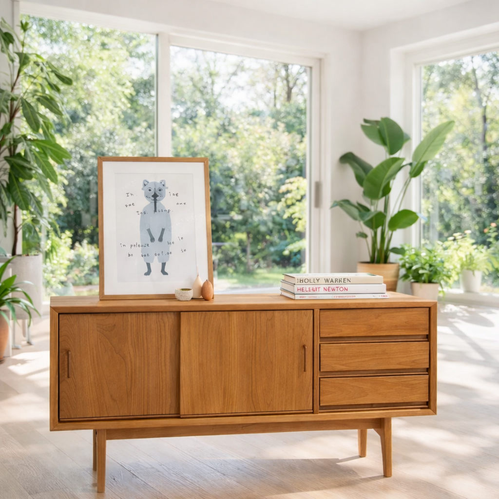 Mid Century Sideboard Cabinet with Drawers and Sliding Doors