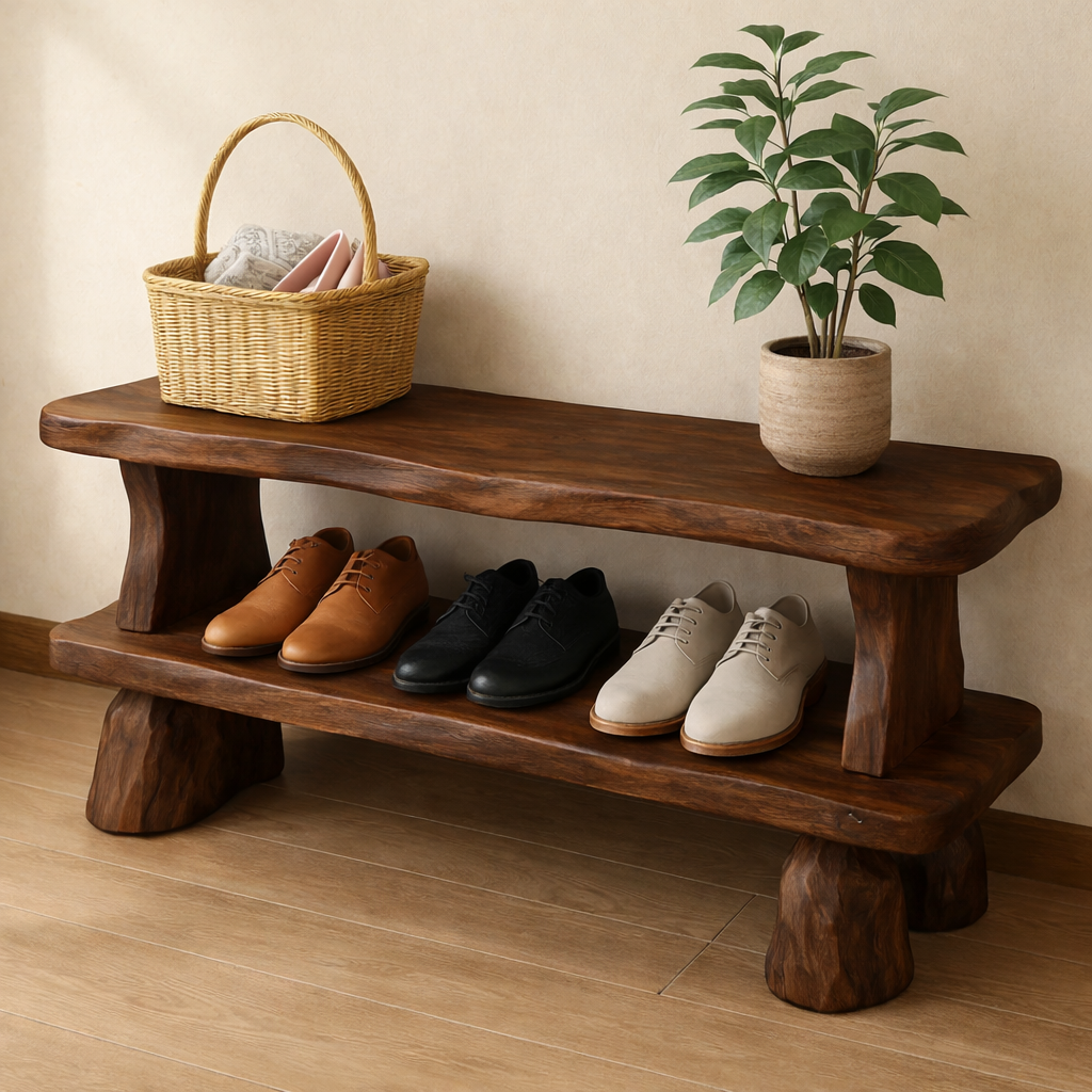 Solid Wood Entryway Bench with Shoe Storage Shelf – Rustic Wooden Shoe Bench