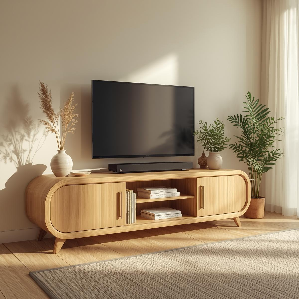 Mid Century Solid Wood TV Stand Curved Media Console Modern Entertainment Center Cabinet