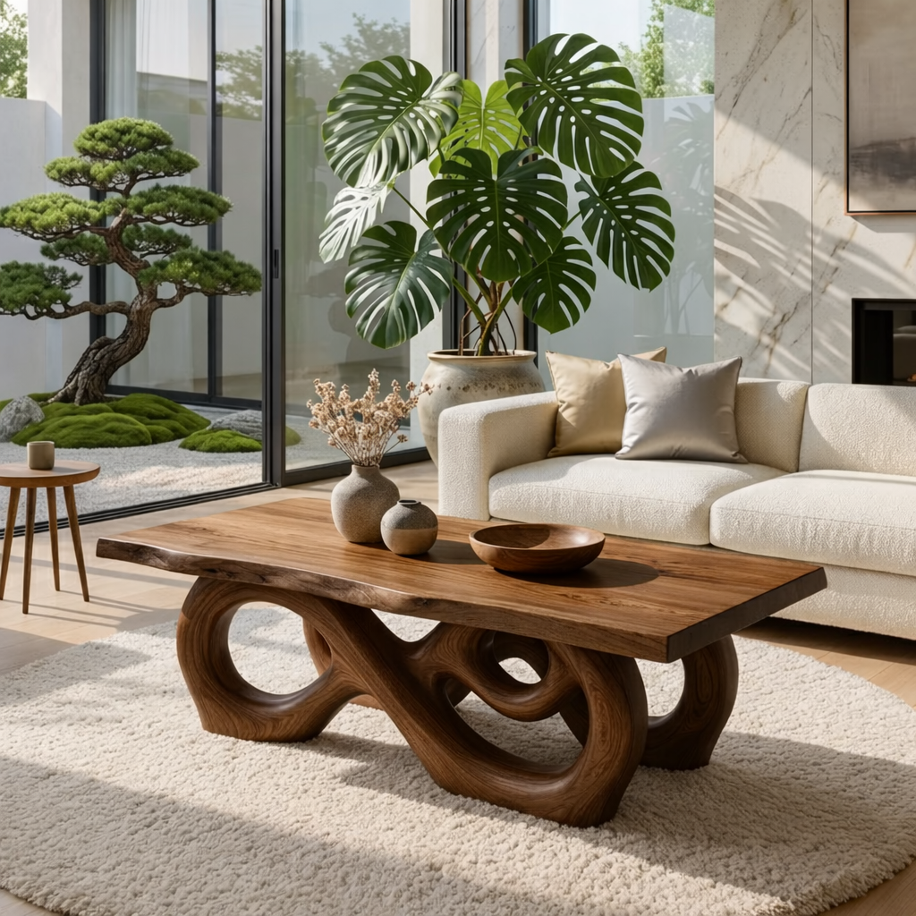 Sculptural Solid Wood Coffee Table with Artistic Carved Base, Modern Living Room Table