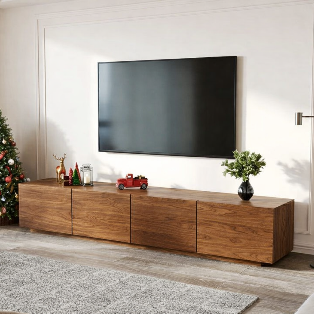 Modern Solid Wood TV Stand Long Low Profile Media Console Minimal Storage Cabinet