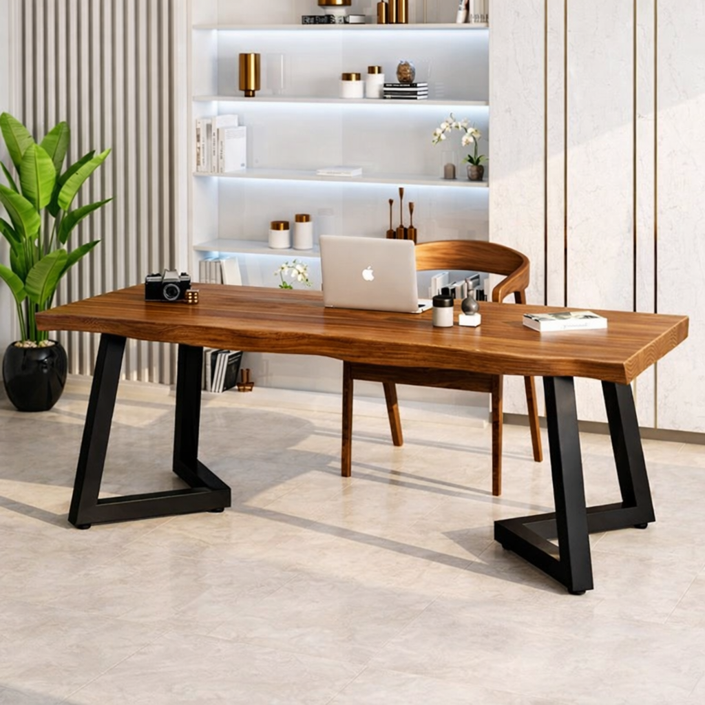 Modern Work Desk with Stylish Black and Wood Frame, Spacious Workspace