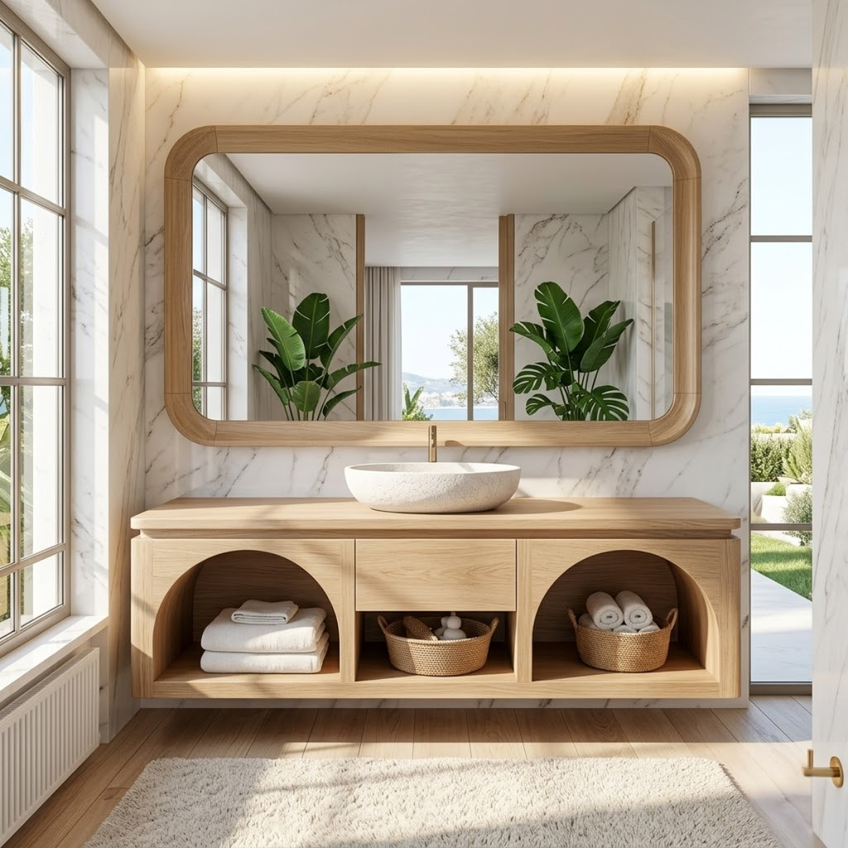 Modern Solid Wood Floating Vanity with Arched Shelves and Natural Finish