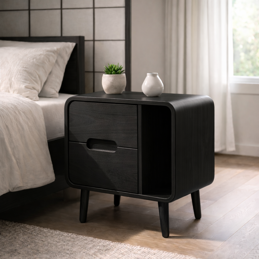 Solid Wood Nightstand with Drawer & Open Cubby – Curved Modern Bedside Table