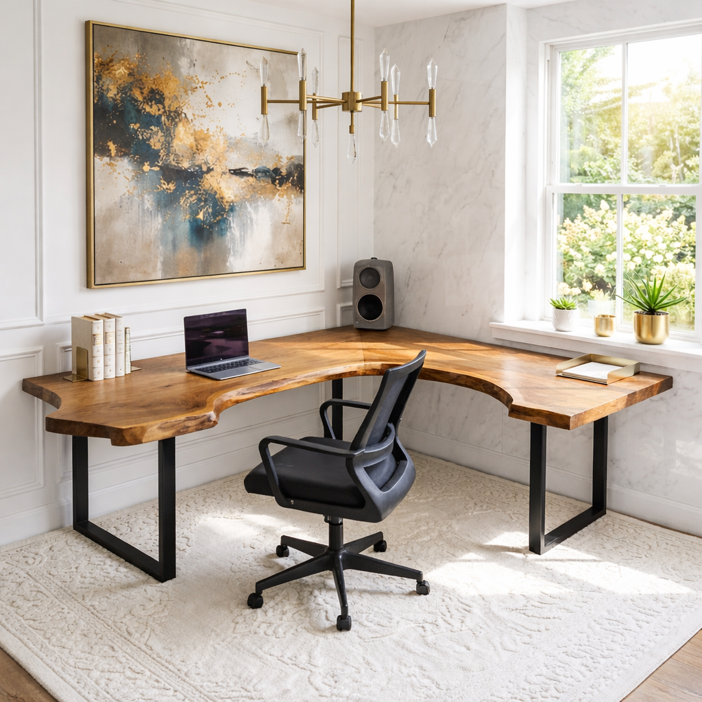 Live Edge L Shaped Desk Corner Wood Office Table Modern Workspace Desk