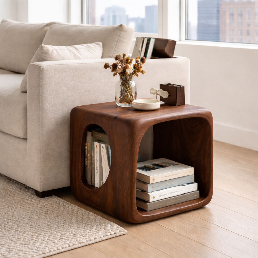 Solid Wood Cube End Table with Storage Shelf – Modern Wooden Side Table