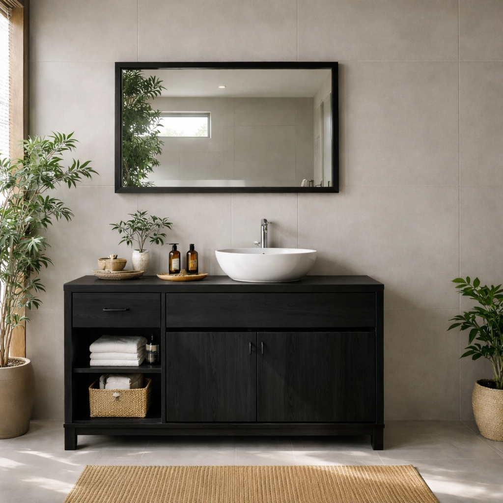Solid Wood Bathroom Vanity with Side Shelf Storage – Natural Wood Freestanding Vanity Cabinet