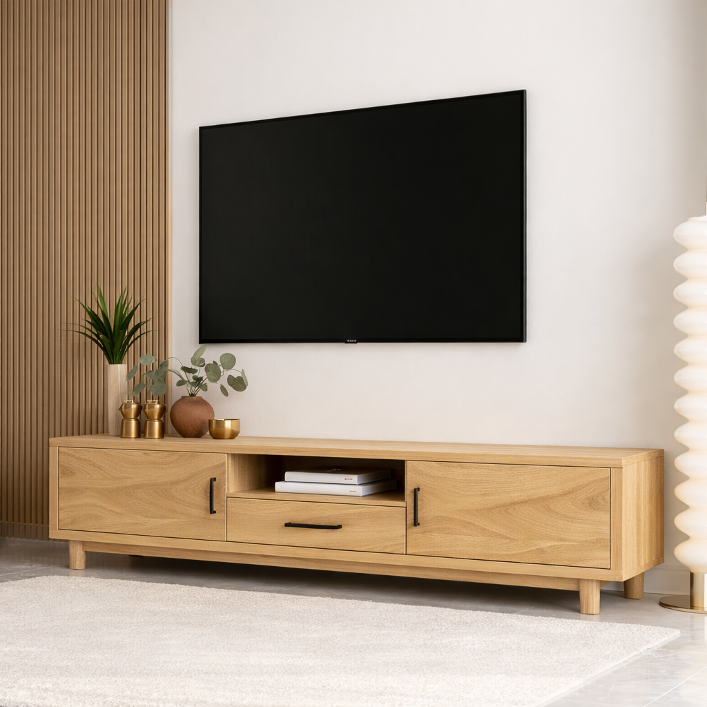 Mid Century Solid Wood TV Stand Wave Front Media Console Modern Entertainment Cabinet
