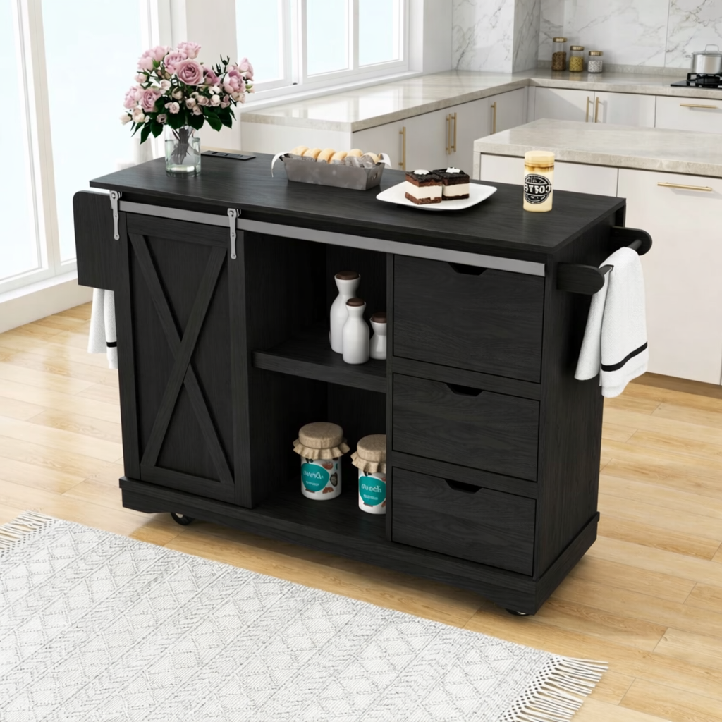 Rolling Kitchen Island with Drawers, Sliding Barn Door Storage Cart, Modern Prep Table for Kitchen